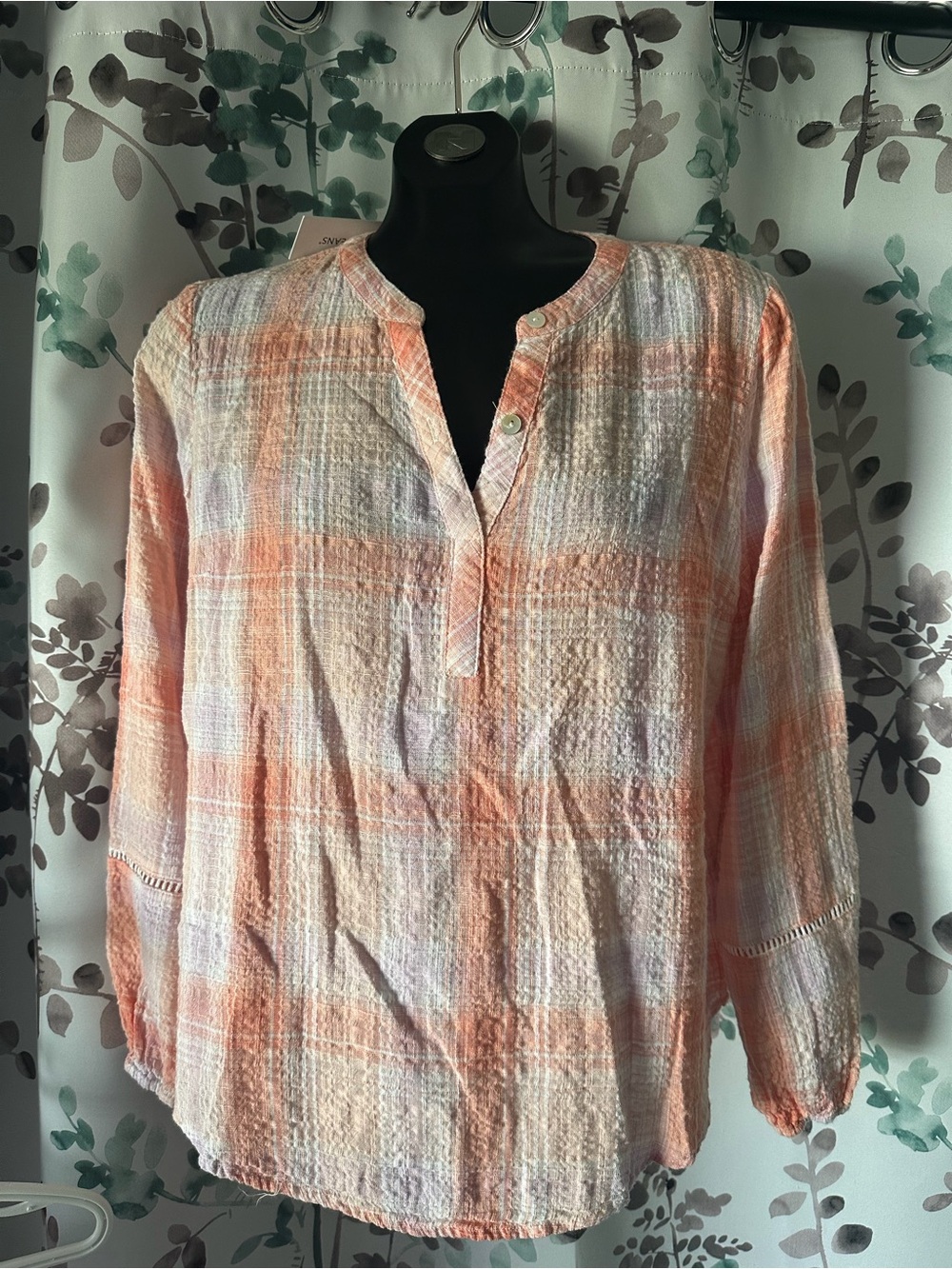 Tribal Peach Plaid Gauze Henley Blouse